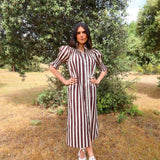 Brown Striped Ruched Dress